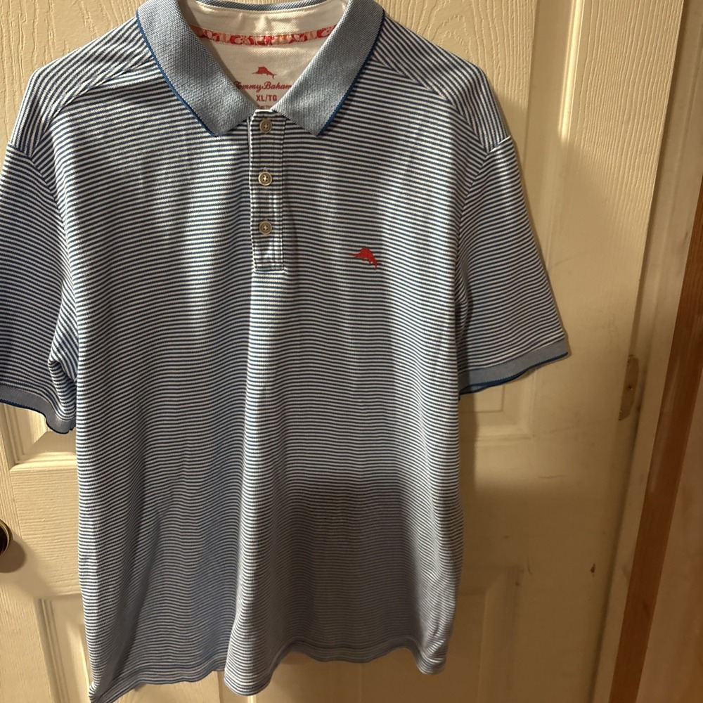 Tommy Bahama Mens Polo XL Blue Striped Short Sleeve Marlin Fishing Preppy Shirt
